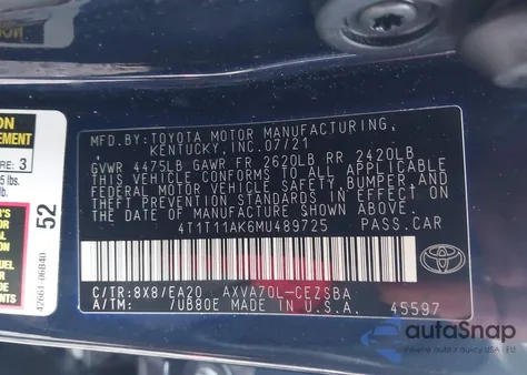 2021 Toyota Camry Se из США, поврежденный, VIN 4T1T11AK6MU489725